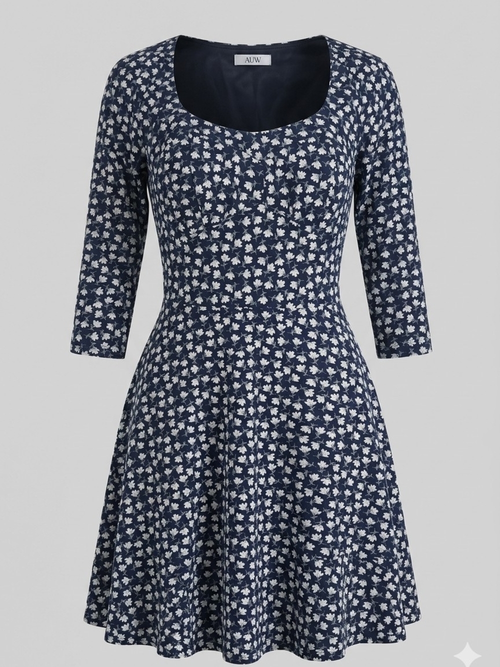 AUW Navy and White Floral Scoop-Neck Fit-and-Flare Dress